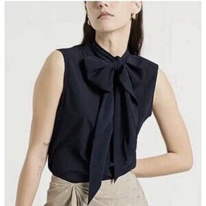 Tory Burch Sleeveless Bow Blouse Top Tie Neck Size 8 Navy Blue NWT $250
